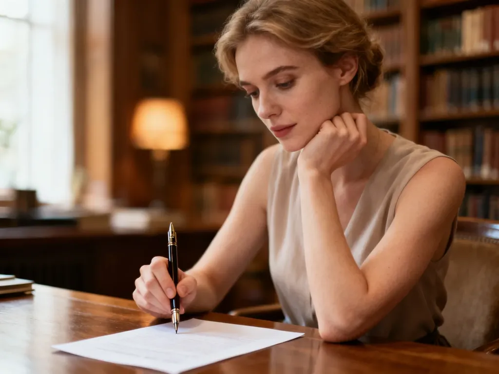 Kobieta z piórem wiecznym przy biurku w bibliotece, skupiona na pisaniu na kartce papieru.
