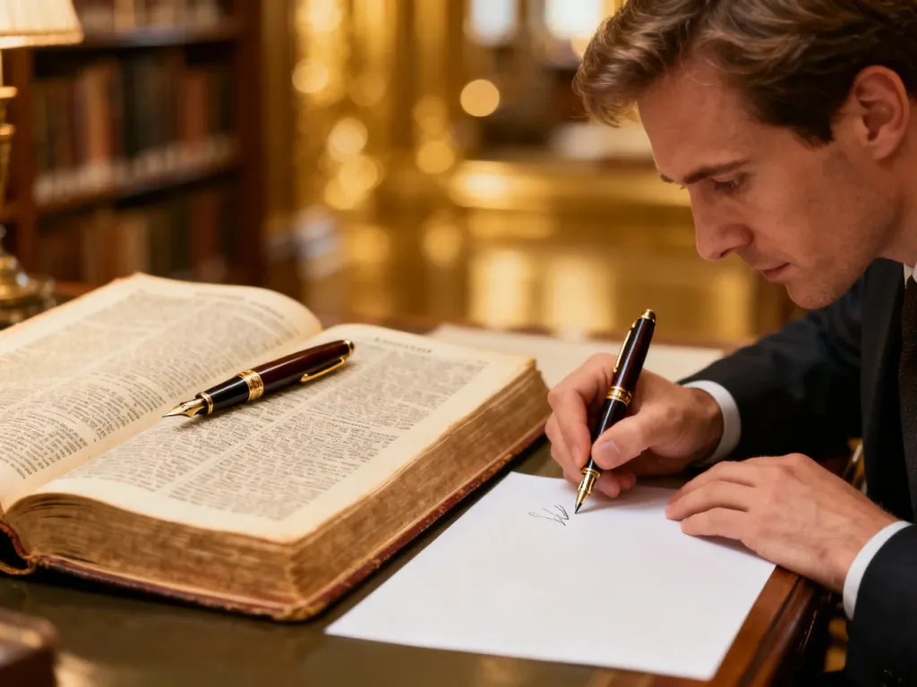 Mężczyzna starannie pisze piórem na kartce papieru, siedząc przy otwartym słowniku w przytulnej bibliotece.