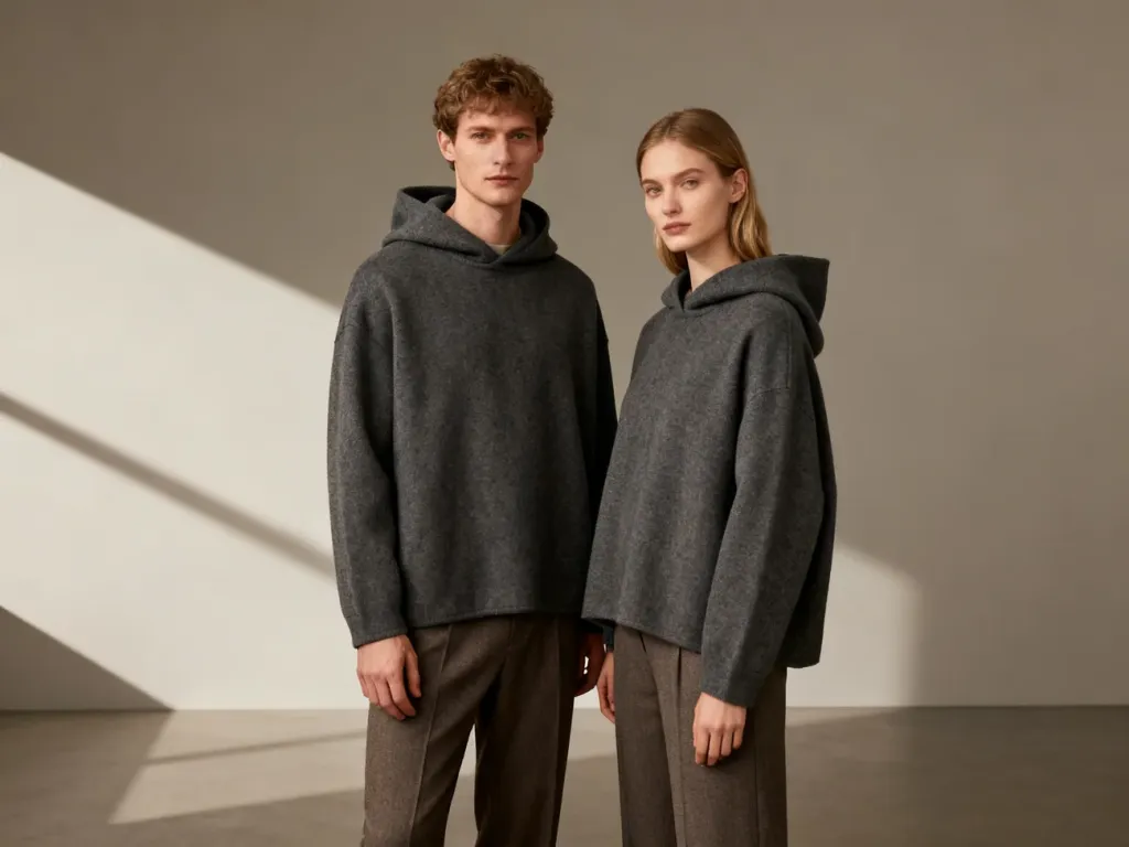 Kobieta i mężczyzna w identycznych szarych bluzach i spodniach, prezentujący minimalistyczny styl unisex.