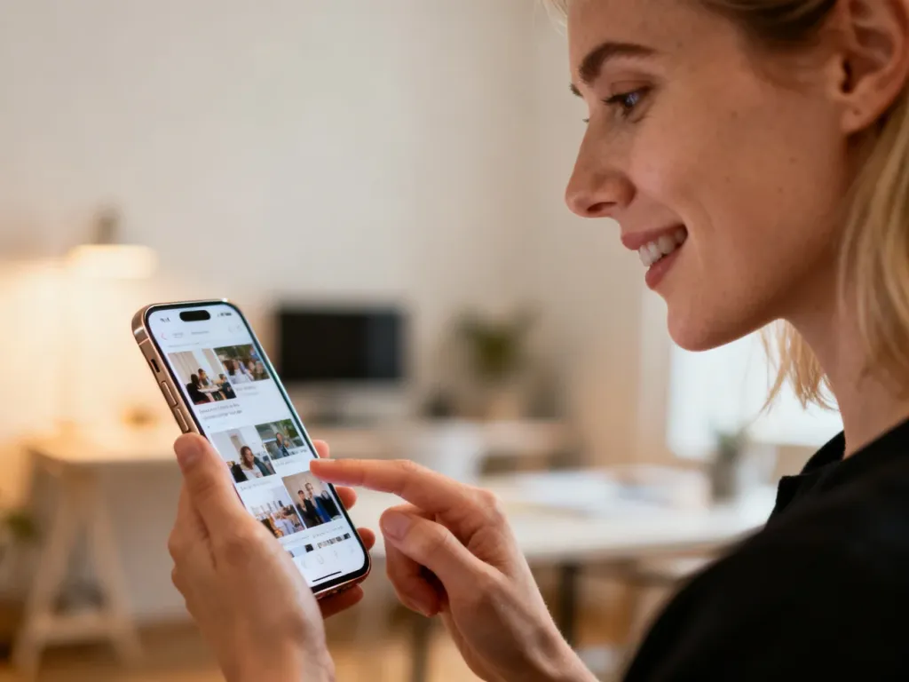Kobieta trzymająca smartfon i udostępniająca treści w mediach społecznościowych w domowym biurze.