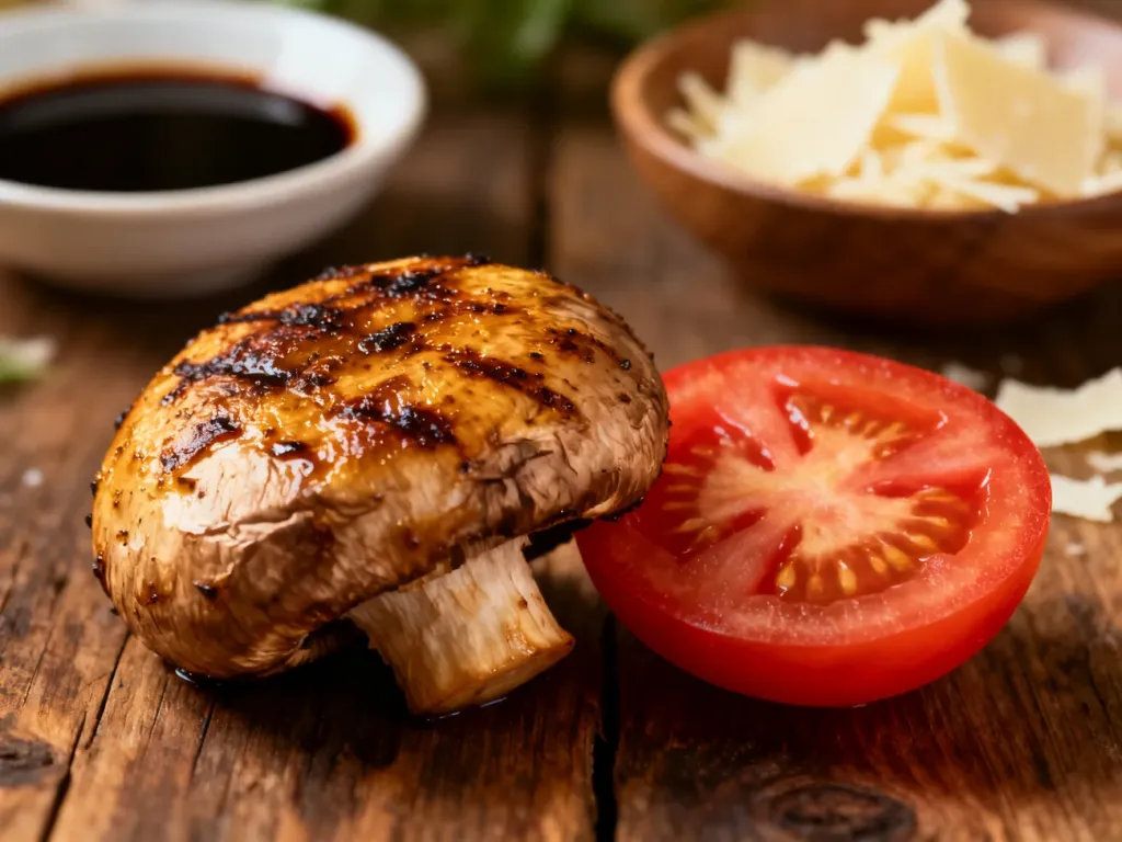 Grillowany grzyb shiitake i plaster pomidora na drewnianym stole, symbolizujące produkty bogate w smak umami.