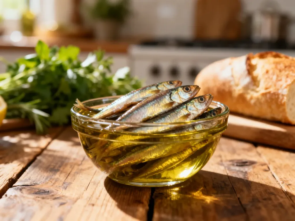 Szklana miseczka z filetami anchois w oliwie na drewnianym stole w kuchni w stylu śródziemnomorskim.