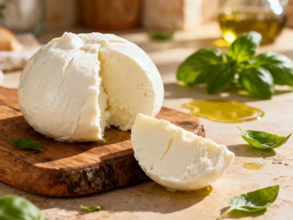 Świeża kula sera Fior di latte na drewnianej desce, ukazująca kremową konsystencję w przekroju.